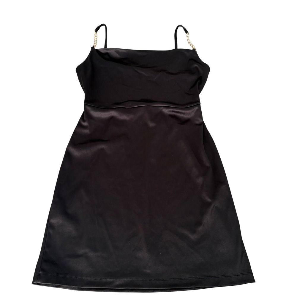 Planet Gold Black Chain Strap Mini Dress Square Neck Satin Finish L Evening